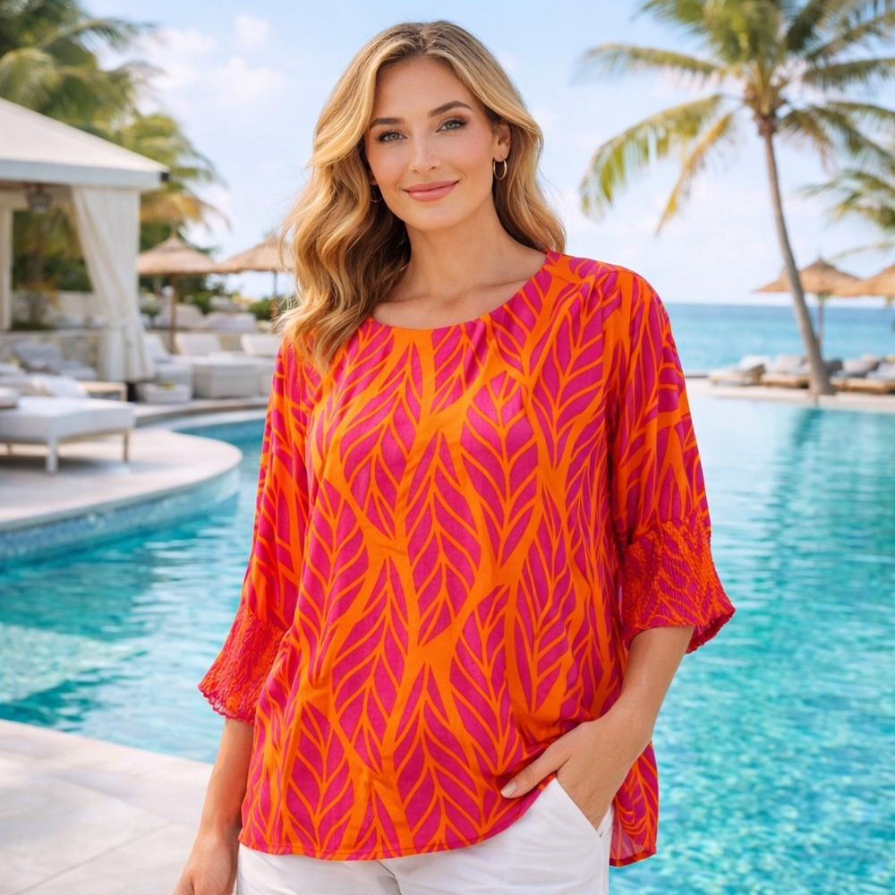 Entro Pink Orange Tropical Leaf Resort Blouse Smocked Sleeve vacation Large boho